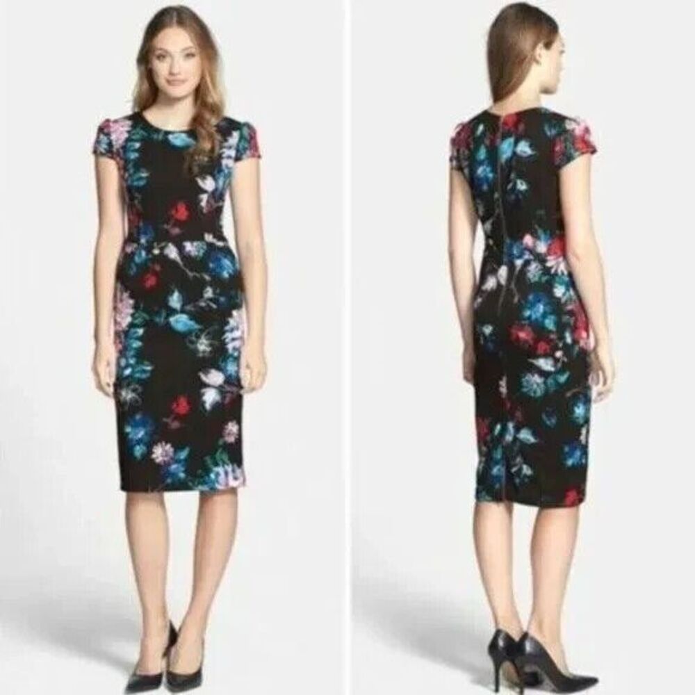 Betsey Johnson Womens Sheath Dress Floral Cap Sleeves Zip Lined Black Red Sz 8*